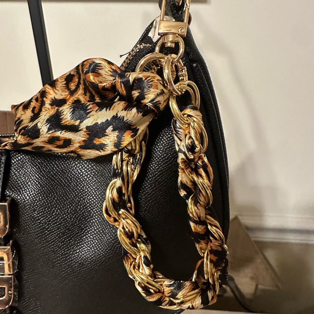 Bebe Black Shoulder Bag/tote with Leopard Scarf Detail - Picture 4 of 12